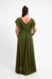 Kadın Haki V Yaka Kısa Kollu Büyük Beden Uzun Abiye Elbise