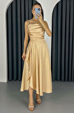 Kadın Gold Volanlı Yırtmaçlı Saten Midi Boy Abiye & Mezuniyet Elbisesi