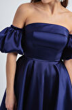 Kadın Lacivert Straplez Yaka Saten Mini Mezuniyet Abiye Elbise