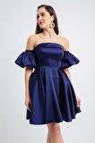 Kadın Lacivert Straplez Yaka Saten Mini Mezuniyet Abiye Elbise