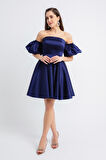 Kadın Lacivert Straplez Yaka Saten Mini Mezuniyet Abiye Elbise
