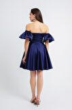 Kadın Lacivert Straplez Yaka Saten Mini Mezuniyet Abiye Elbise