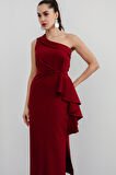 Kadın Bordo Tek Omuz Fırfırlı Midi Elbise