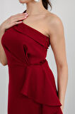 Kadın Bordo Tek Omuz Fırfırlı Midi Elbise
