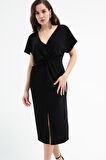 Kadın Siyah V Yaka Yırtmaçlı Midi Elbise