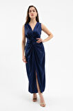 Kadın Lacivert Düğüm Detaylı Midi Saten Elbise