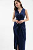Kadın Lacivert Düğüm Detaylı Midi Saten Elbise
