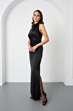Kadın Siyah Sırt Dekolteli Uzun Saten Abiye Elbise