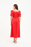 Kadın Kırmızı Balon Kol Yırtmaçlı Saten Midi Elbise