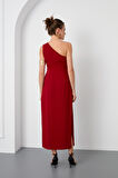Kadın Bordo Tek Omuz Midi Elbise