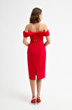 Kadın Kırmızı Korse Detaylı Midi Kalem Abiye Elbise
