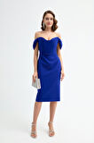 Kadın Saks Korse Detaylı Midi Kalem Abiye Elbise