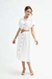 Kadın Beyaz Hasır Kemerli Midi Gömlek Elbise