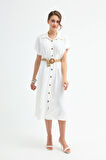 Kadın Beyaz Hasır Kemerli Midi Gömlek Elbise