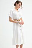 Kadın Beyaz Hasır Kemerli Midi Gömlek Elbise