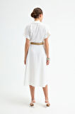 Kadın Beyaz Hasır Kemerli Midi Gömlek Elbise