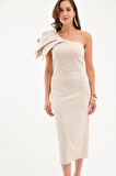 Kadın Bej Tek Omuz Midi Elbise