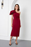 Kadın Bordo Tek Omuz Midi Elbise