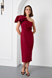 Kadın Bordo Tek Omuz Midi Elbise