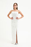 Kadın Beyaz Straplez Taşlı Uzun Abiye Elbise