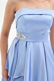 Kadın Bebe Mavi Taş Aksesuarlı Saten Mini Mezuniyet Abiye Elbise