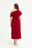 Kadın Bordo Aksesuar Detay Midi Elbise