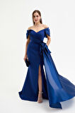 Kadın Lacivert Kayık Yaka Kuyruklu Uzun Abiye Elbise