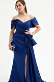 Kadın Lacivert Kayık Yaka Kuyruklu Uzun Abiye Elbise