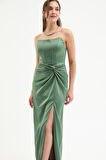 Kadın Haki Kruvaze Astarlı Dokuma Korse Detaylı Saten Uzun Abiye Elbise