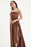Kadın Kahverengi Volanlı Yırtmaçlı Saten Abiye & Mezuniyet Elbisesi