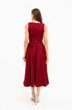 Kadın Bordo Kalın Askılı Kemerli Midi Abiye Elbise