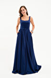 Kadın Lacivert Askılı İp Bağlama Detay Uzun Saten Abiye Elbise
