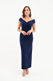 Kadın Lacivert Kruvaze Yaka Midi Elbise
