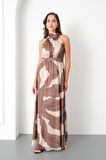 Kadın Bej Halter Yaka Desenli Uzun Elbise