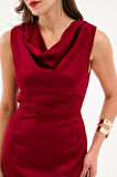 Kadın Bordo Degaje Yaka Midi Saten Elbise