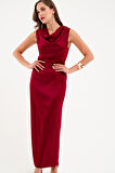 Kadın Bordo Degaje Yaka Midi Saten Elbise