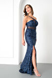 Kadın Lacivert Bel Transparan Yırtmaçlı Payetli Uzun Abiye Elbise