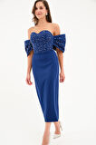 Kadın Lacivert Straplez Yaka Kol Detay Midi Abiye Elbise
