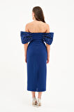 Kadın Lacivert Straplez Yaka Kol Detay Midi Abiye Elbise