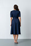 Kadın Lacivert Balon Kol Midi Saten Elbise