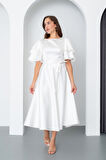 Kadın Beyaz Kısa Kol Fiyonklu Midi Saten Elbise