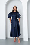 Kadın Lacivert Kısa Kol Fiyonklu Midi Saten Elbise