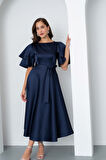 Kadın Lacivert Kısa Kol Fiyonklu Midi Saten Elbise