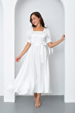 Kadın Beyaz Fiyonk Detay Midi Elbise
