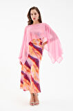 Kadın Pembe Desenli Saten Elbise