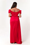 Kadın Kırmızı Kayık Yaka Kuyruklu Uzun Saten Abiye & Mezuniyet Elbisesi