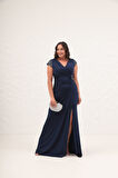 Kadın Lacivert Kruvaze Yaka Boncuklu Büyük Beden Uzun Abiye Elbise