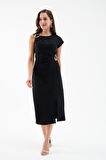 Kadın Siyah Aksesuar Detay Midi Elbise