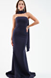 Kadın Lacivert Şal Yaka Detay Uzun Abiye Elbise