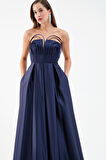 Kadın Lacivert Göğüs Detay Uzun Saten Abiye Elbise
